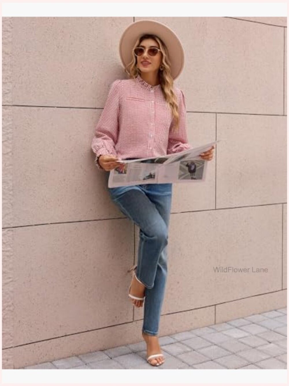 Women's Plaid Button Down Shirt Ruffle Neck Long Sleeve Blouse with Chest - Picture 6 of 7